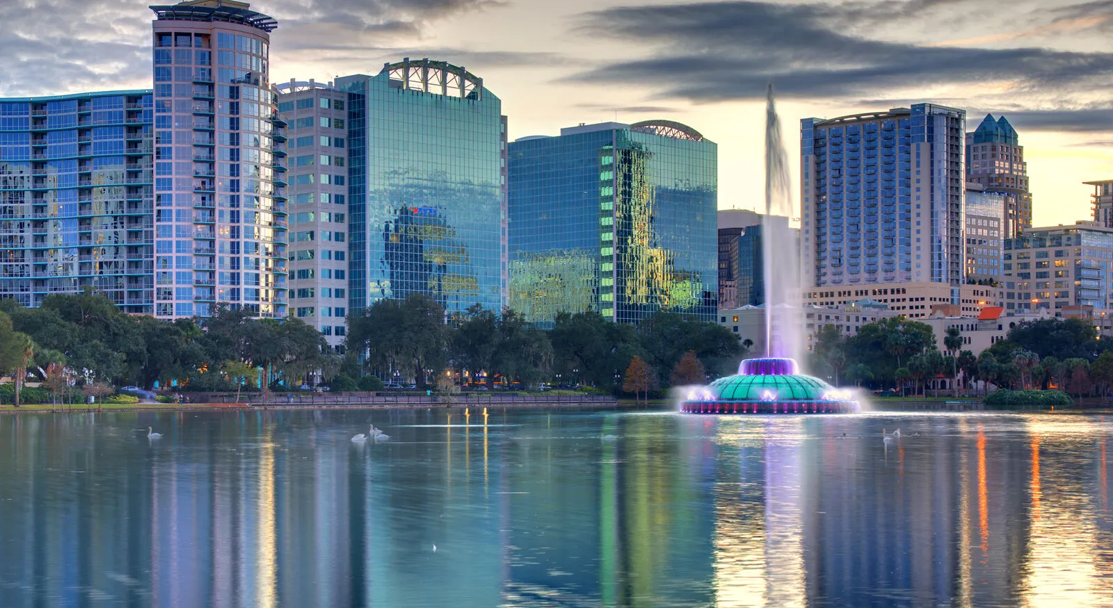Orlando skyline seen across Lake Eola